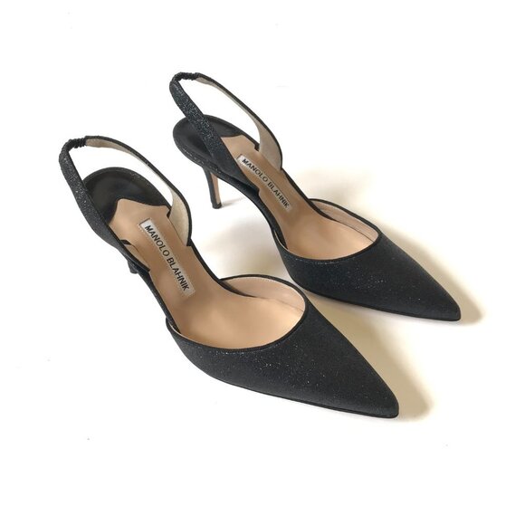 NIB NEW Manolo Blahnik Carolyne 70 Glitter Shoes Womens 37.5 Black Slingback 7.5 - Picture 2 of 14